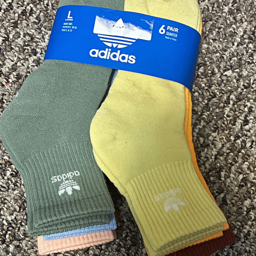 adidas 6 Pair Quarter Socks Size L 8-12 Multicolor Moisture-Wicking Solid Logo